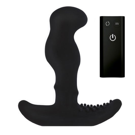 Black silicone device with remote control on a white background
