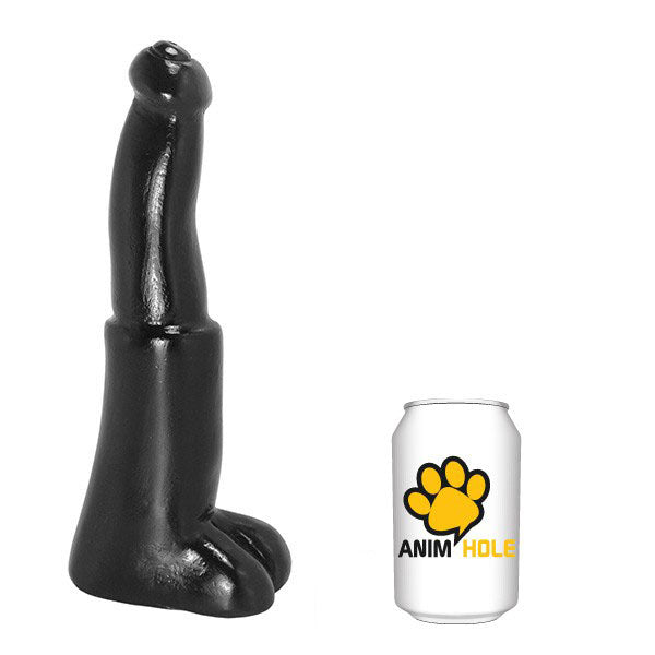 Black dog-shaped product next to a can with 'Anim Hole' logo on a white background