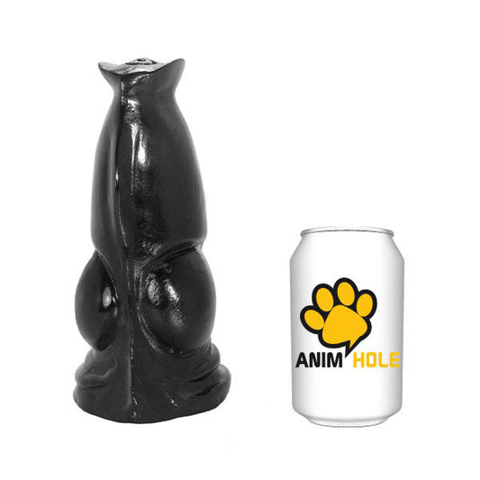 Black cat-shaped object next to a white can with a yellow paw logo and text on a white background
