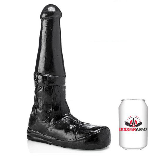 Black rubber boot next to a can with 'Dodger Army' branding on a white background