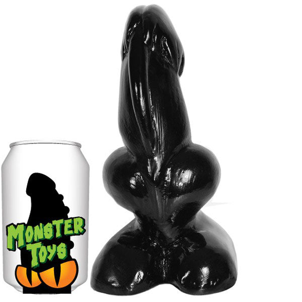 Black toy resembling a rabbit with a can labeled 'Monster Toys' on a white background