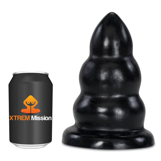 Black toy resembling a banana next to an 'Xtrem Mission' can on a white background