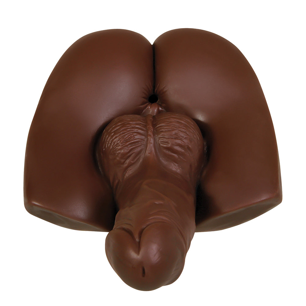 Chocolate-like brown object shaped like a buttocks with a tail on a white background