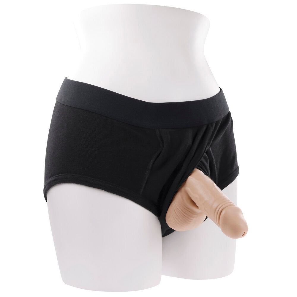 Black underwear on a white mannequin with a beige sock.