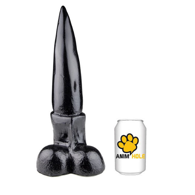Metallic dog bone-shaped object next to a can with 'Anim Hole' branding on a white background