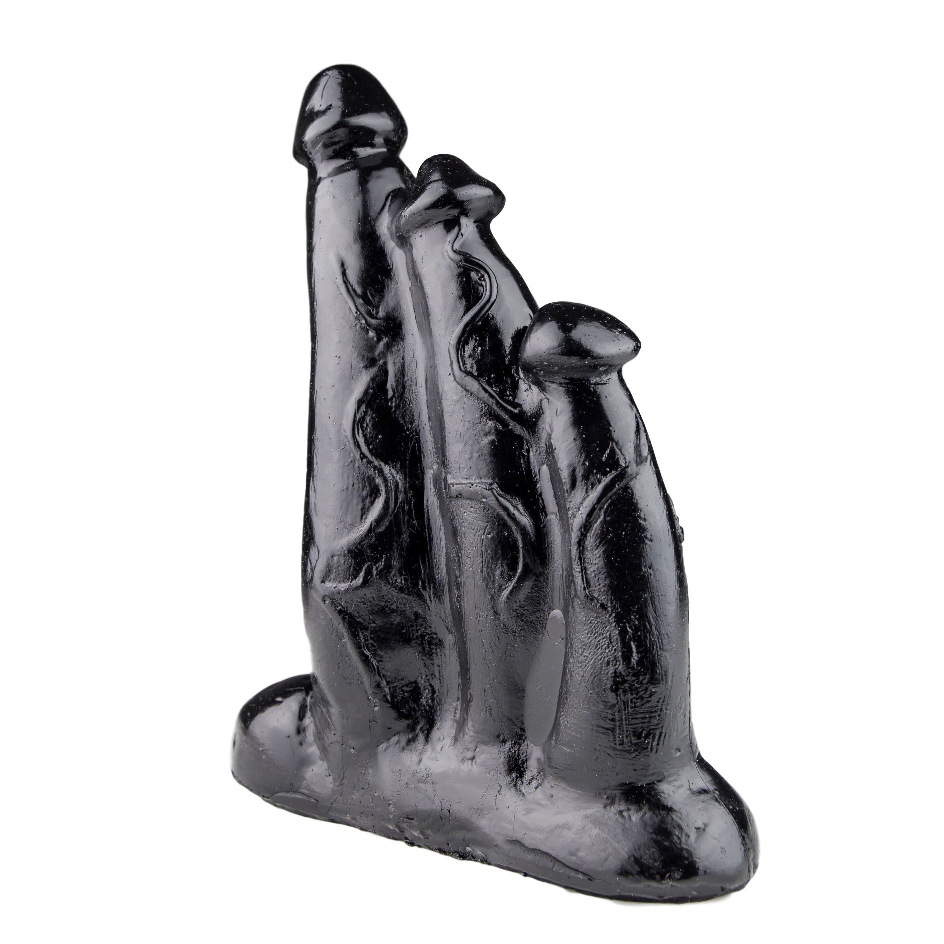 Black glass sculpture of a family on a white background