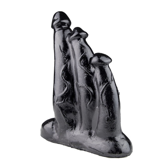 Black glass sculpture of a family on a white background