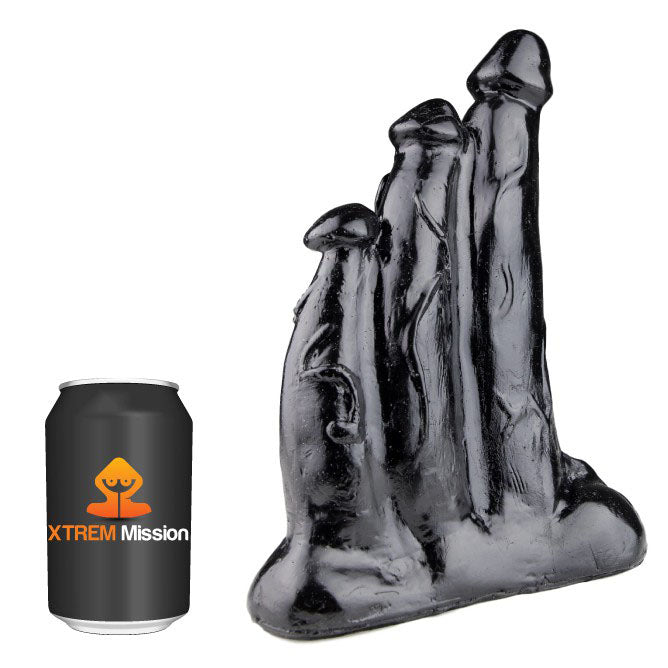 Black hand-shaped object next to a black can with 'XTREM Mission' logo on a white background