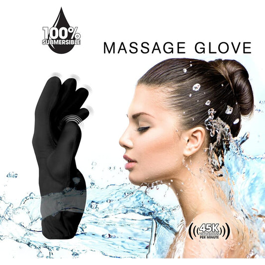 An advertisement image featuring a black massage glove with water droplets around, indicating its waterproof characteristic, and a woman in the background appearing relaxed with a serene expression.