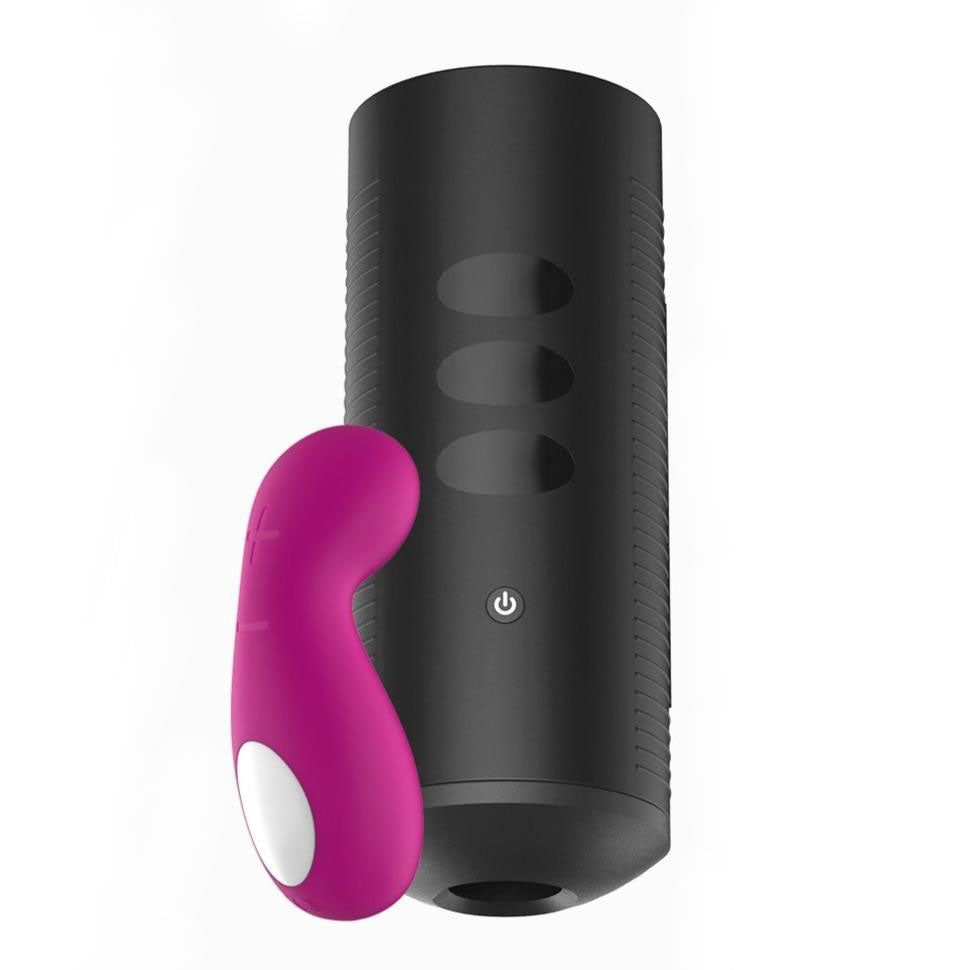 The image shows a black cylindrical device, the TITAN by KIIROO, with a pink handheld remote control, the Cliona. The TITAN has a sleek design with touch-sensitive buttons, while the Cliona is compact and has a matte chrome finish.