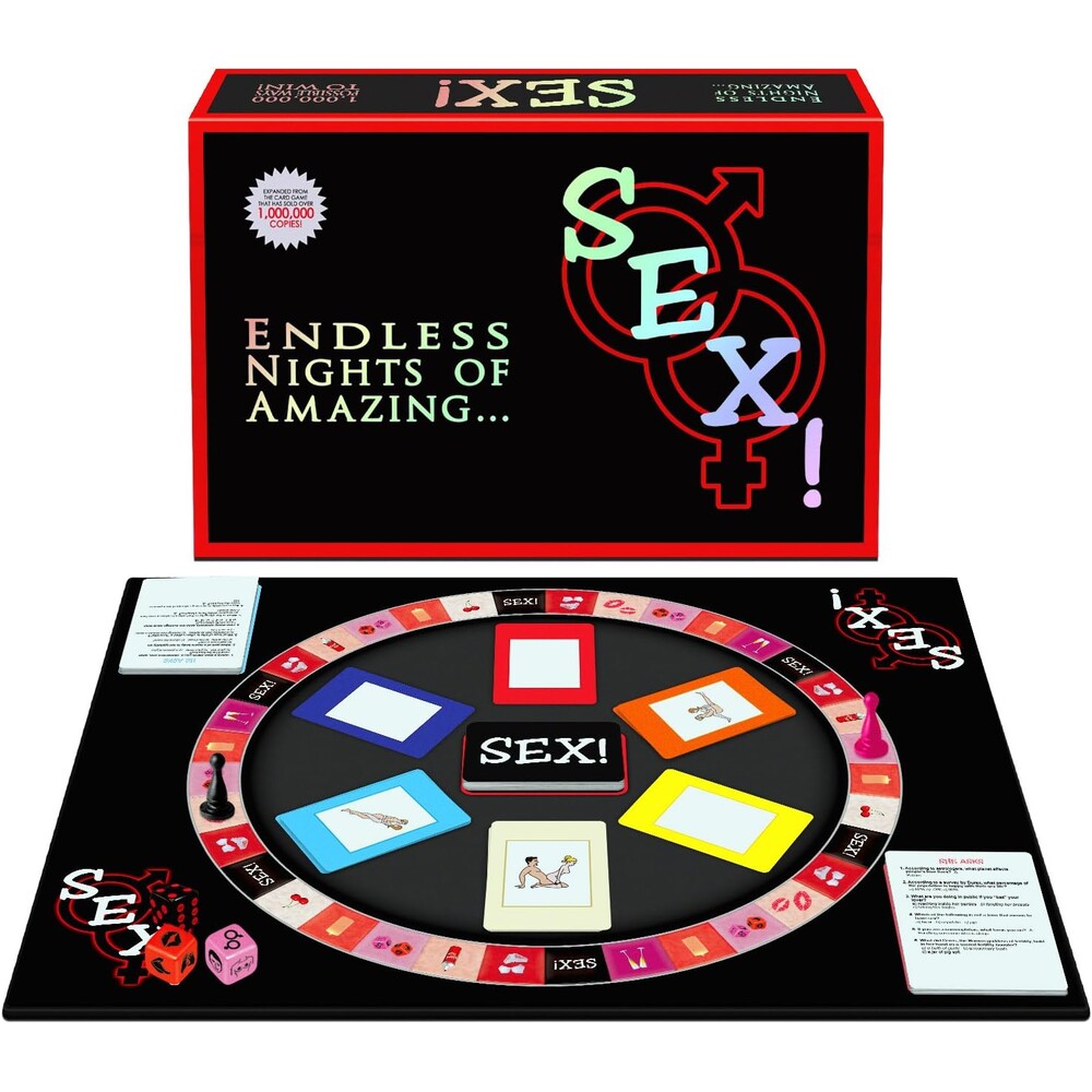 The image shows a board game named Sex, with a colorful board, dice, and cards. The packaging also displays the product name and a tagline.