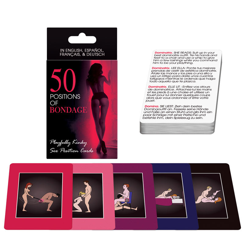 The image shows a product packaging for "50 Positions of Bondage Sex Position Cards" featuring a deck of cards with illustrations of various bondage positions. The packaging is in English, French, and German, indicating the product is available in multiple languages.