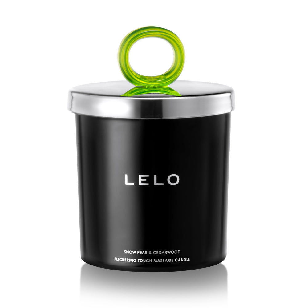 Black massage candle with green lid featuring the brand 'LELO' on a white background