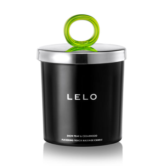 Black massage candle with green lid featuring the brand 'LELO' on a white background