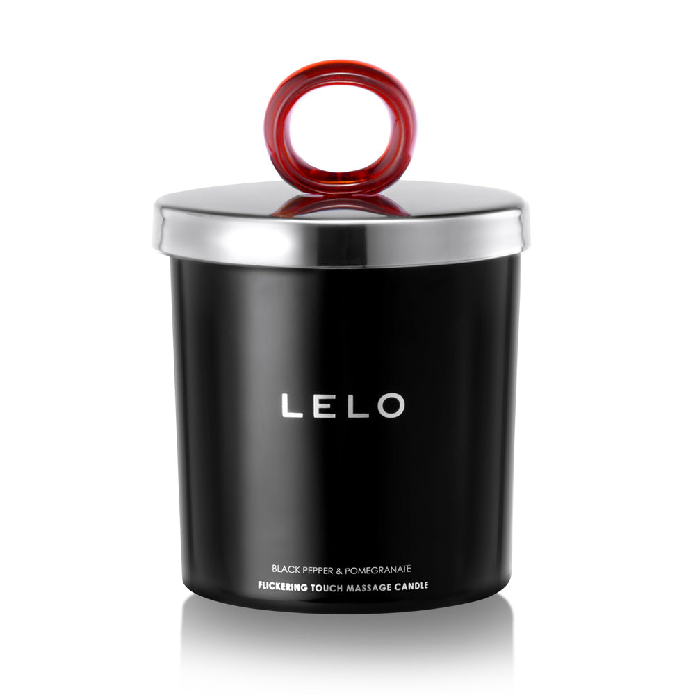 Black massage candle with red lid featuring the brand 'LELO' on a white background
