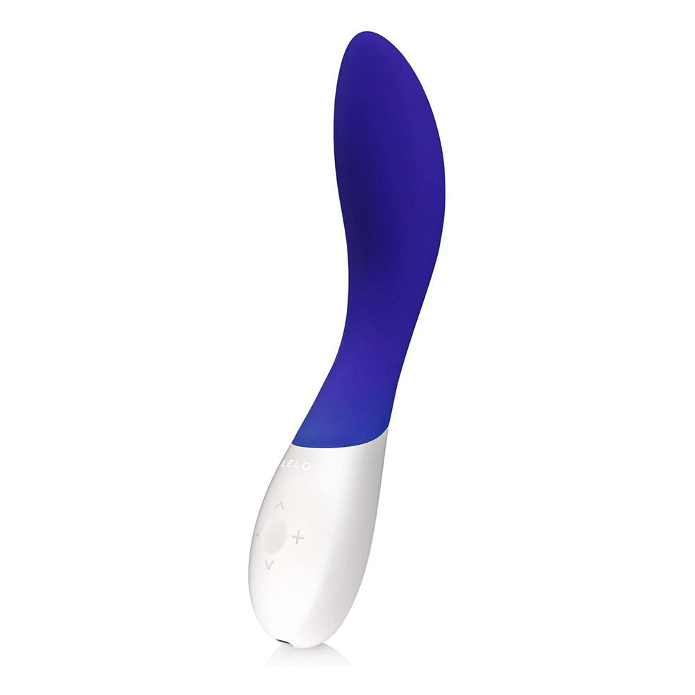 A sleek, midnight blue G-spot vibrator with a curved design and a white base. The vibrator has a smooth, silicone exterior and an ergonomic shape.