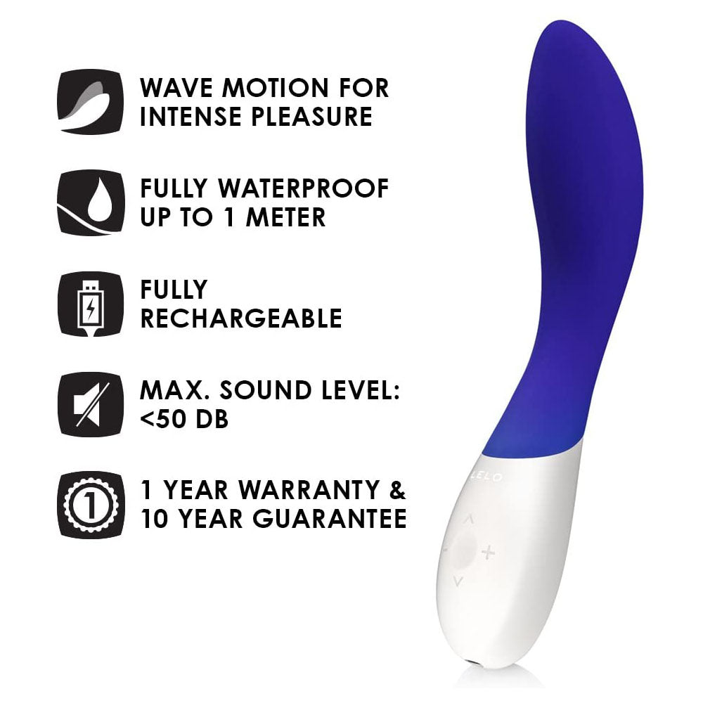 Sexual product with blue and white design, featuring text about features and warranty on a white background.