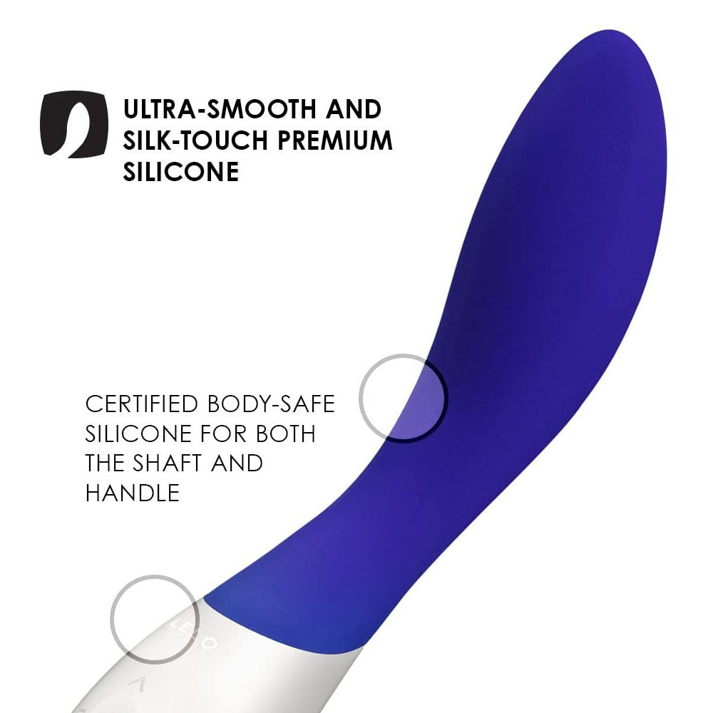 A sleek, midnight blue G-spot vibrator with a curved design and a white base. The vibrator has a smooth, silicone exterior and an ergonomic shape.