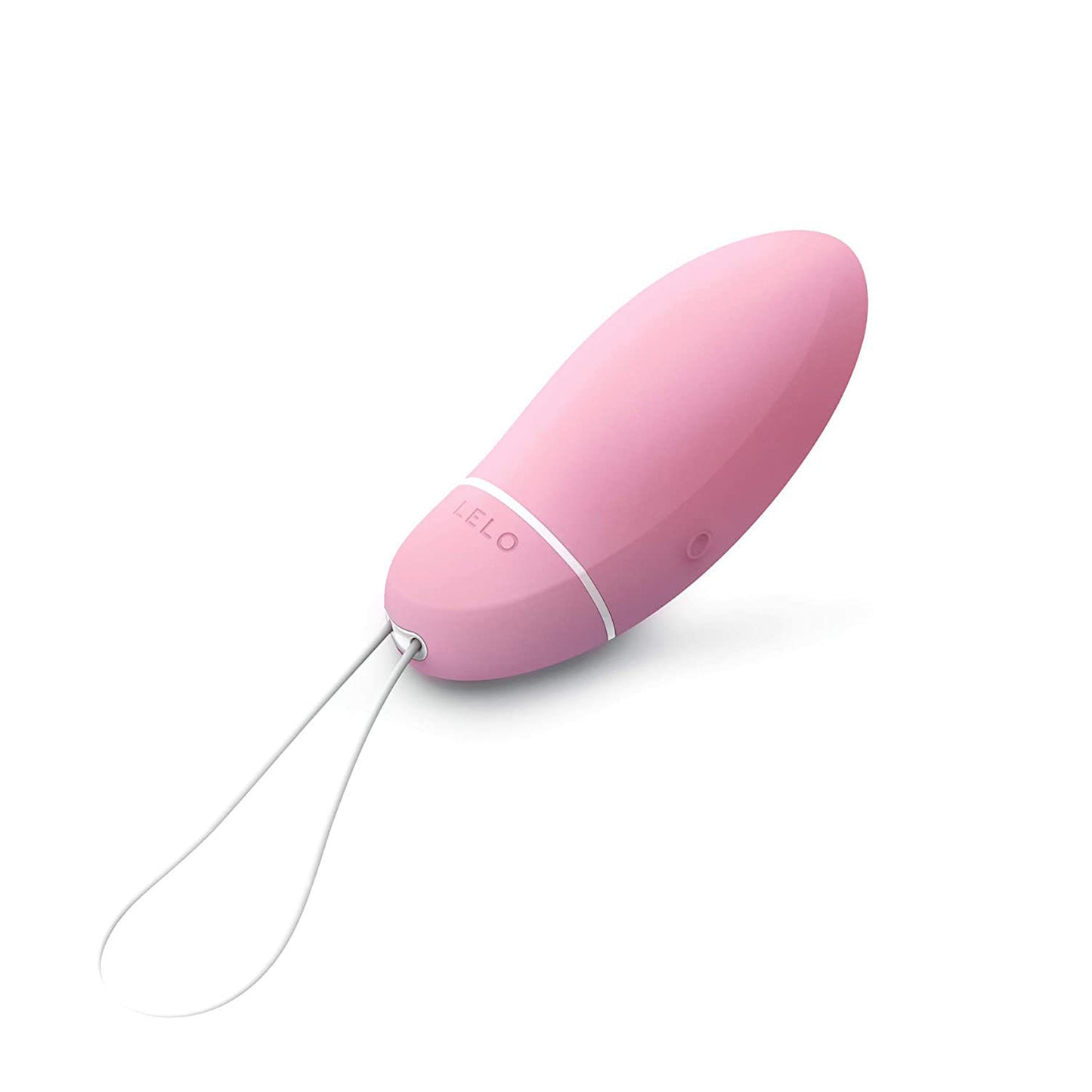 Pink electronic device with a string on a white background