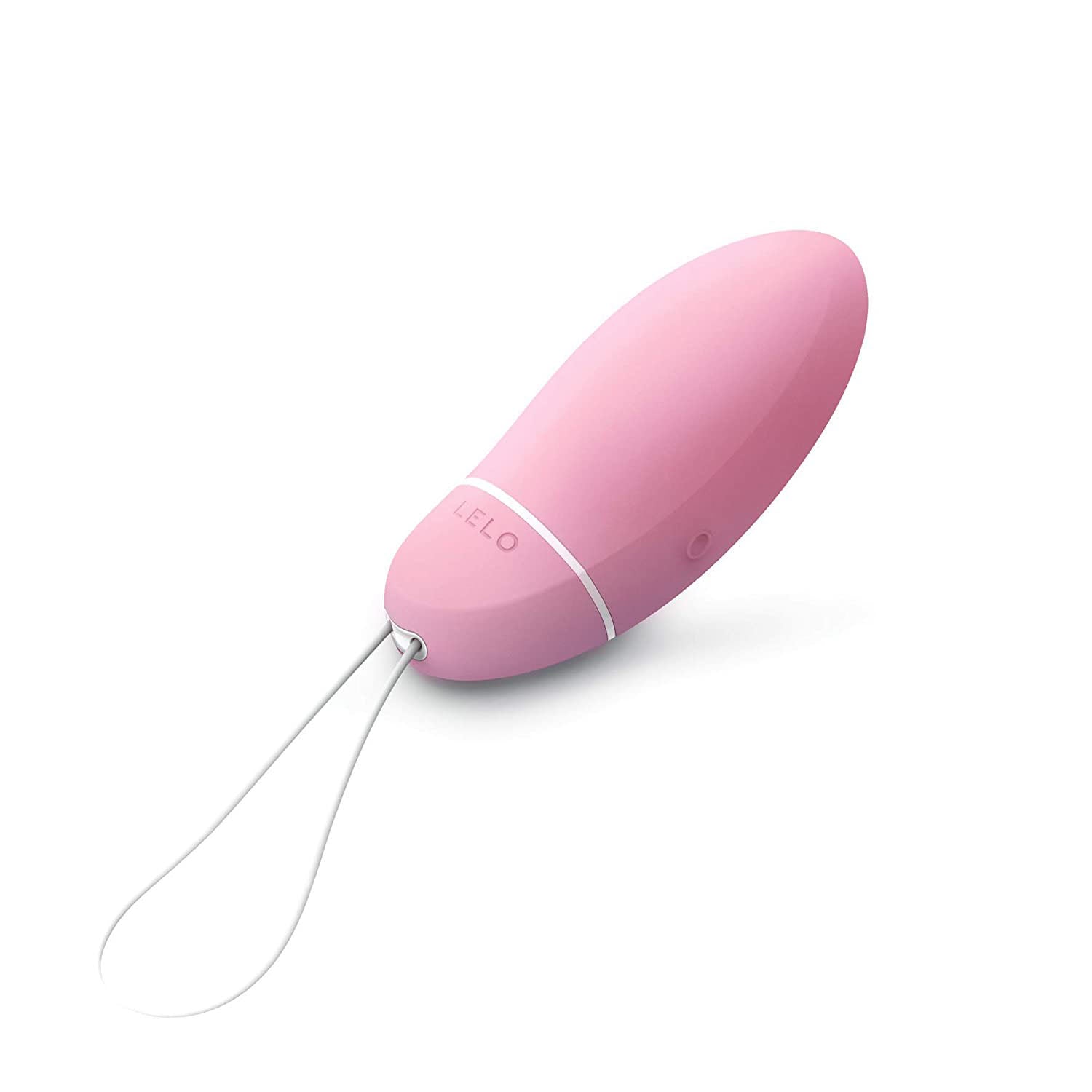 Pink electronic device with a string on a white background