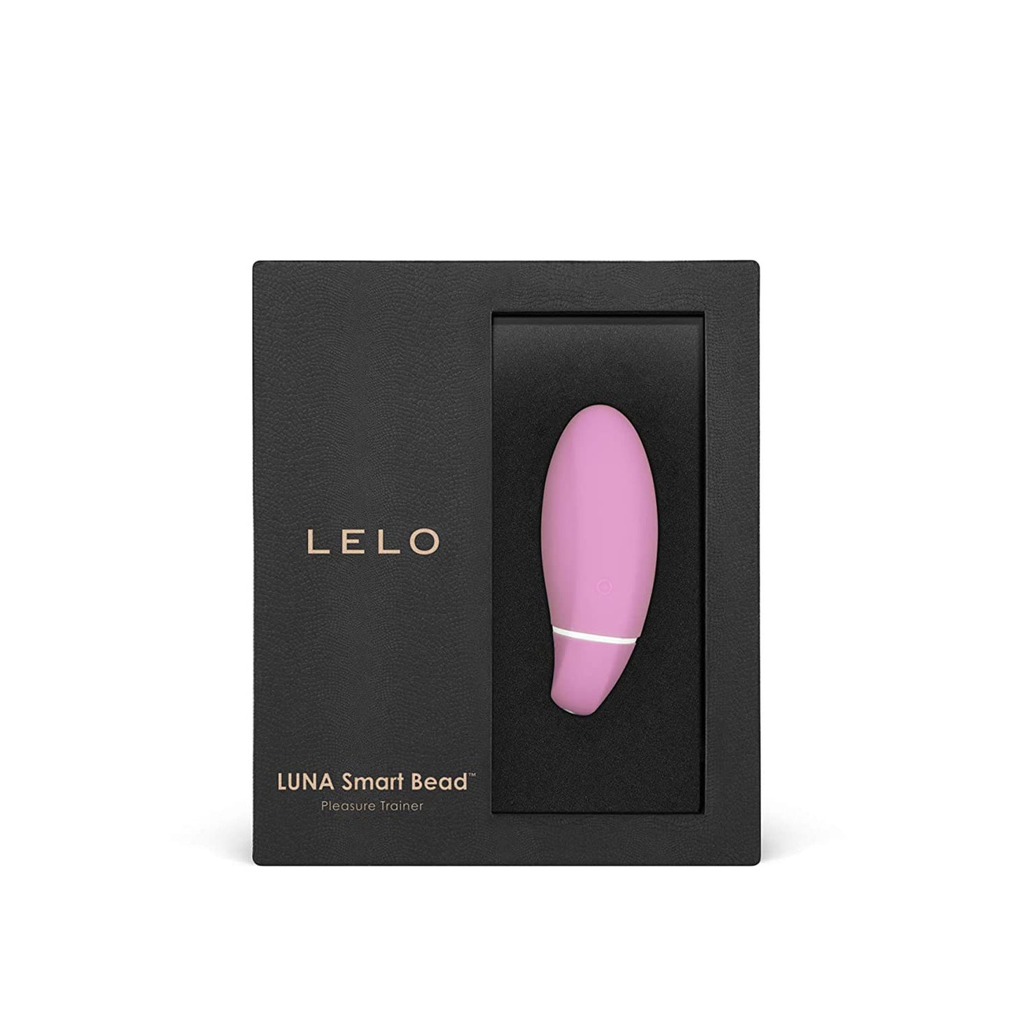 Pink LUNA Smart Bead in a black Lelo packaging box on a white background