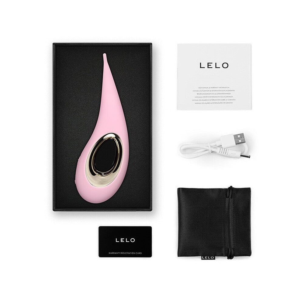 LELO product with packaging, USB cable, and black pouch on a white background