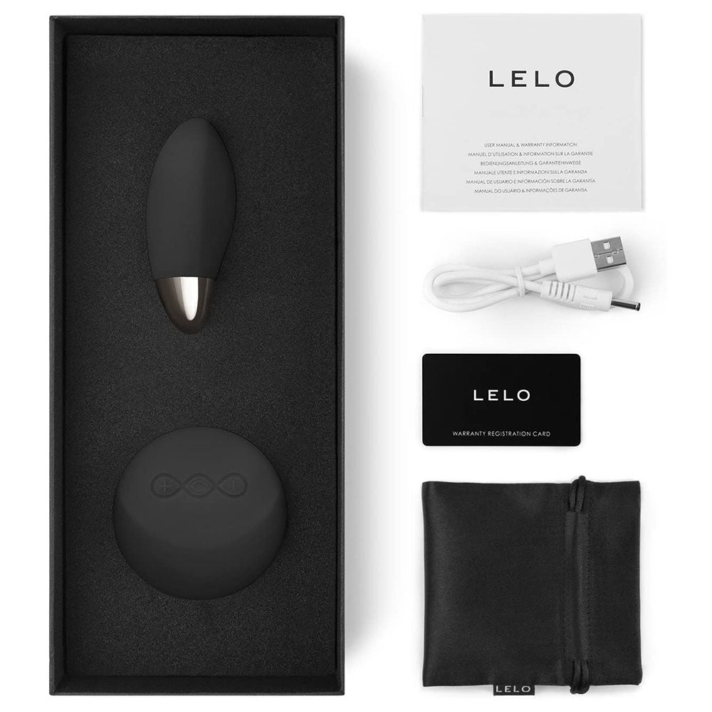 LELO product set with black device, silver tip, charging cable, and packaging on a white background