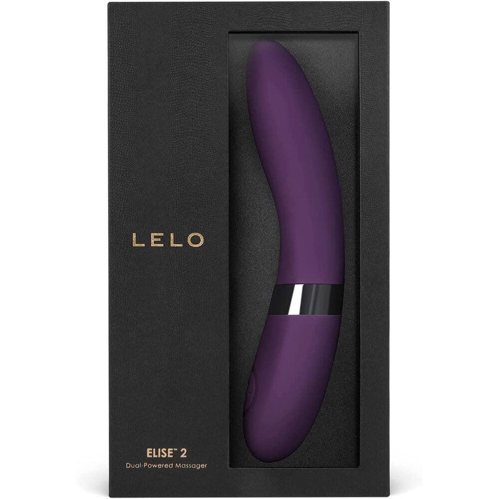 Purple massager in a black box with 'LELO' branding on a white background