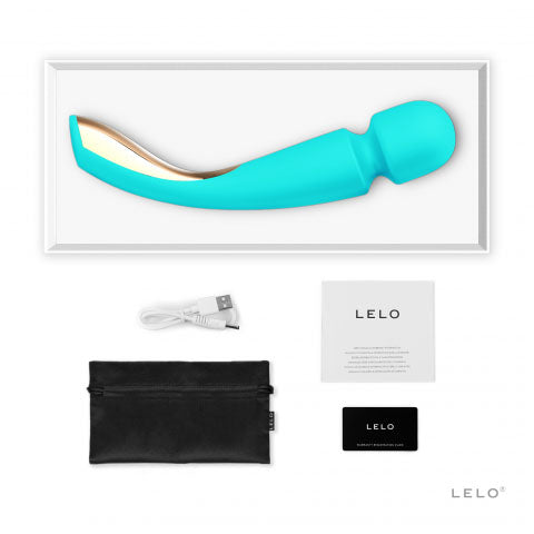 Turquoise LELO product with packaging, cable, and manual on a white background