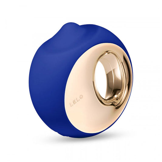 Blue silicone ring with gold metal band on a white background