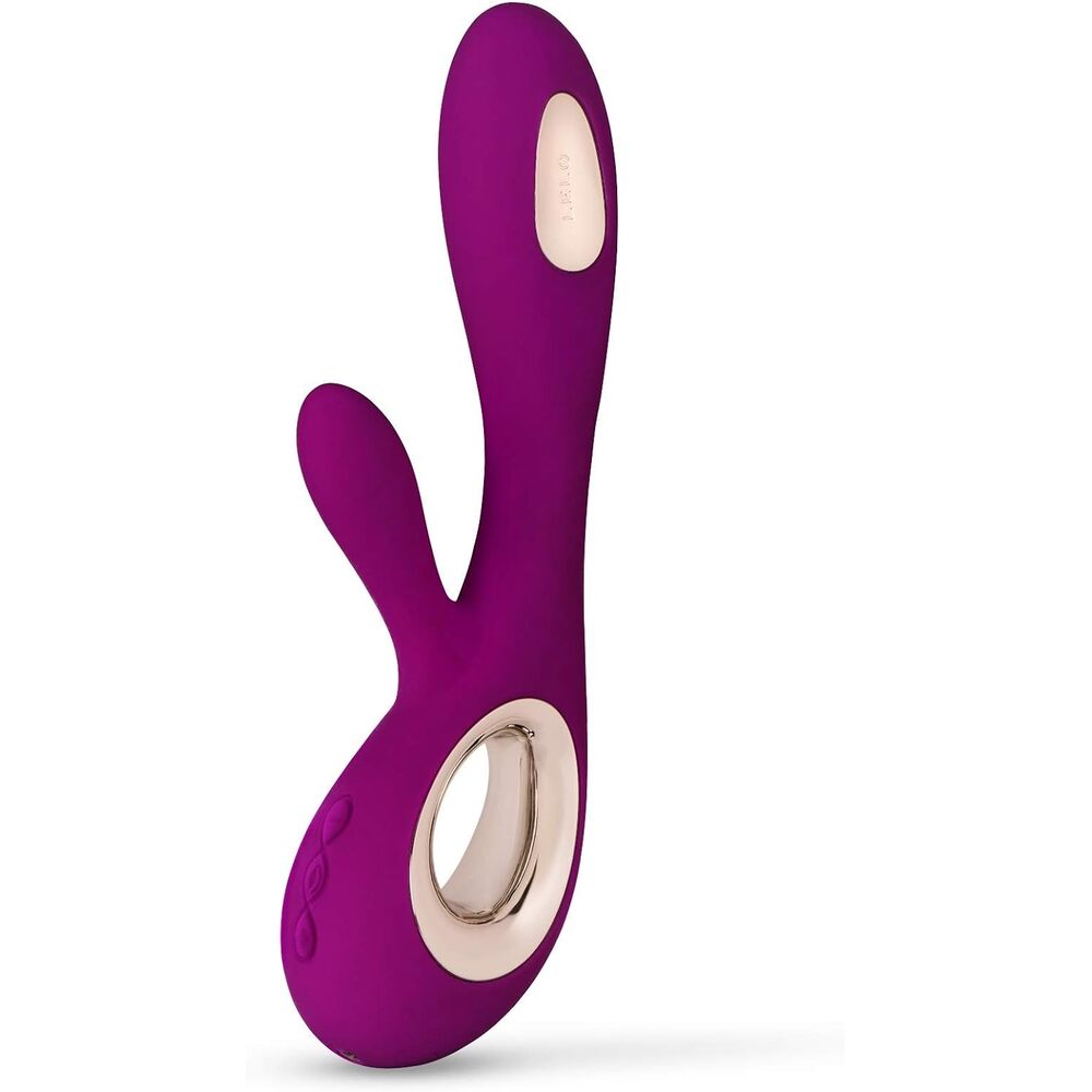 Purple and beige rabbit-shaped toy on a white background