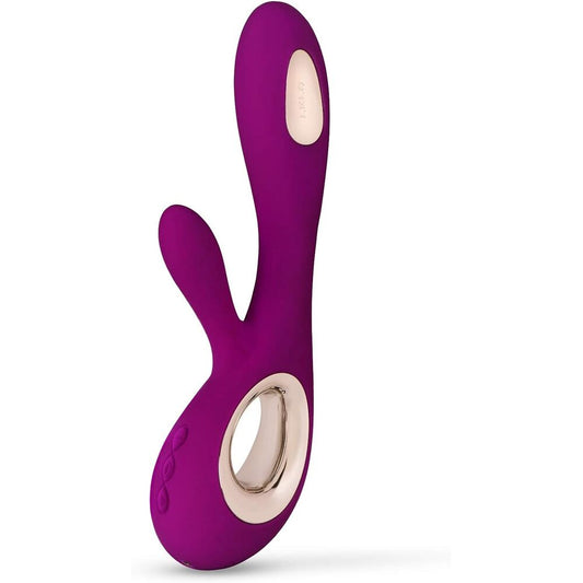 Purple and beige rabbit-shaped toy on a white background