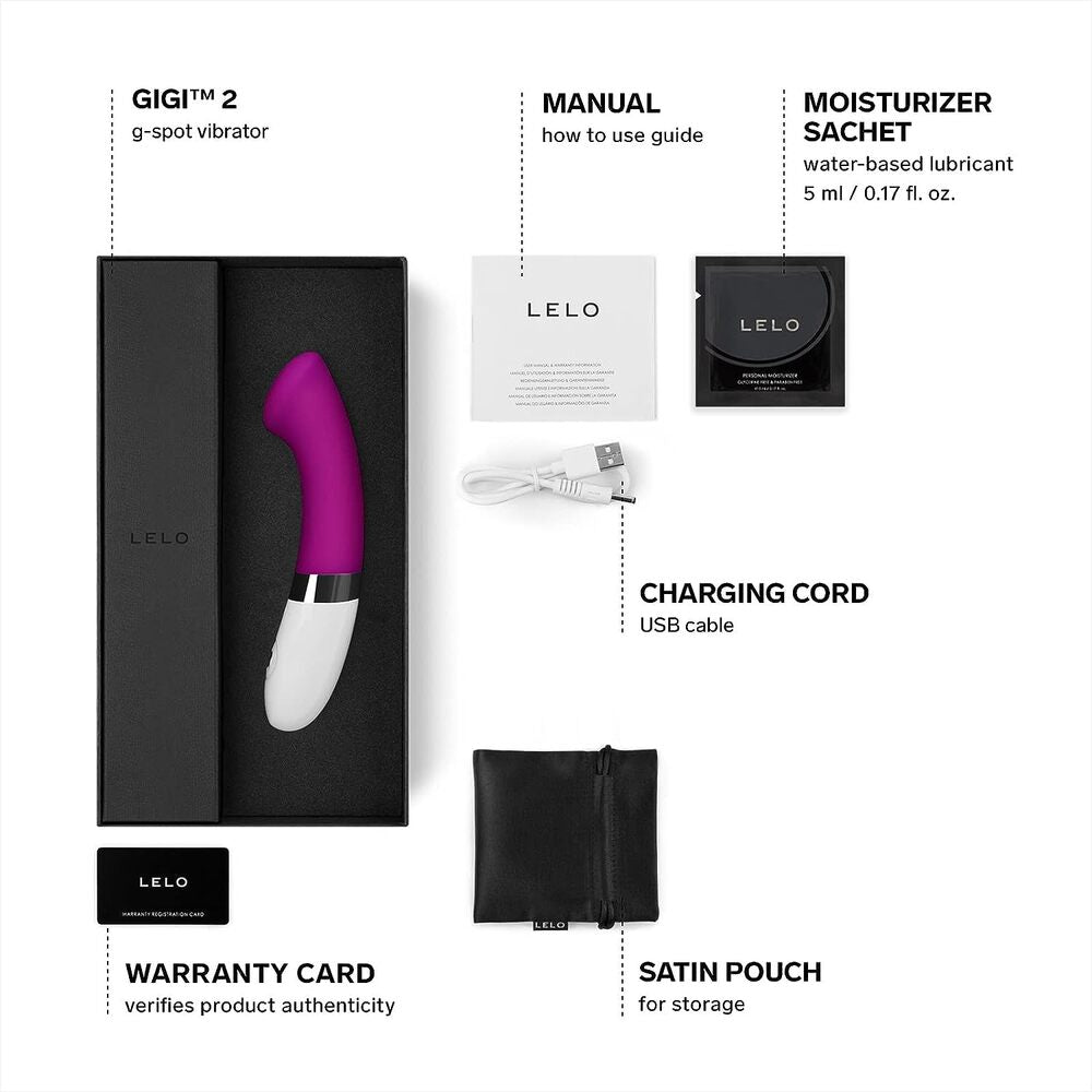 LELO GIGI 2 g-spot vibrator packaging with components listed.