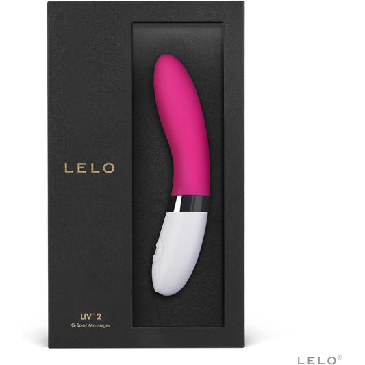 Pink and white G-spot massager in a black box with 'LELO' branding.