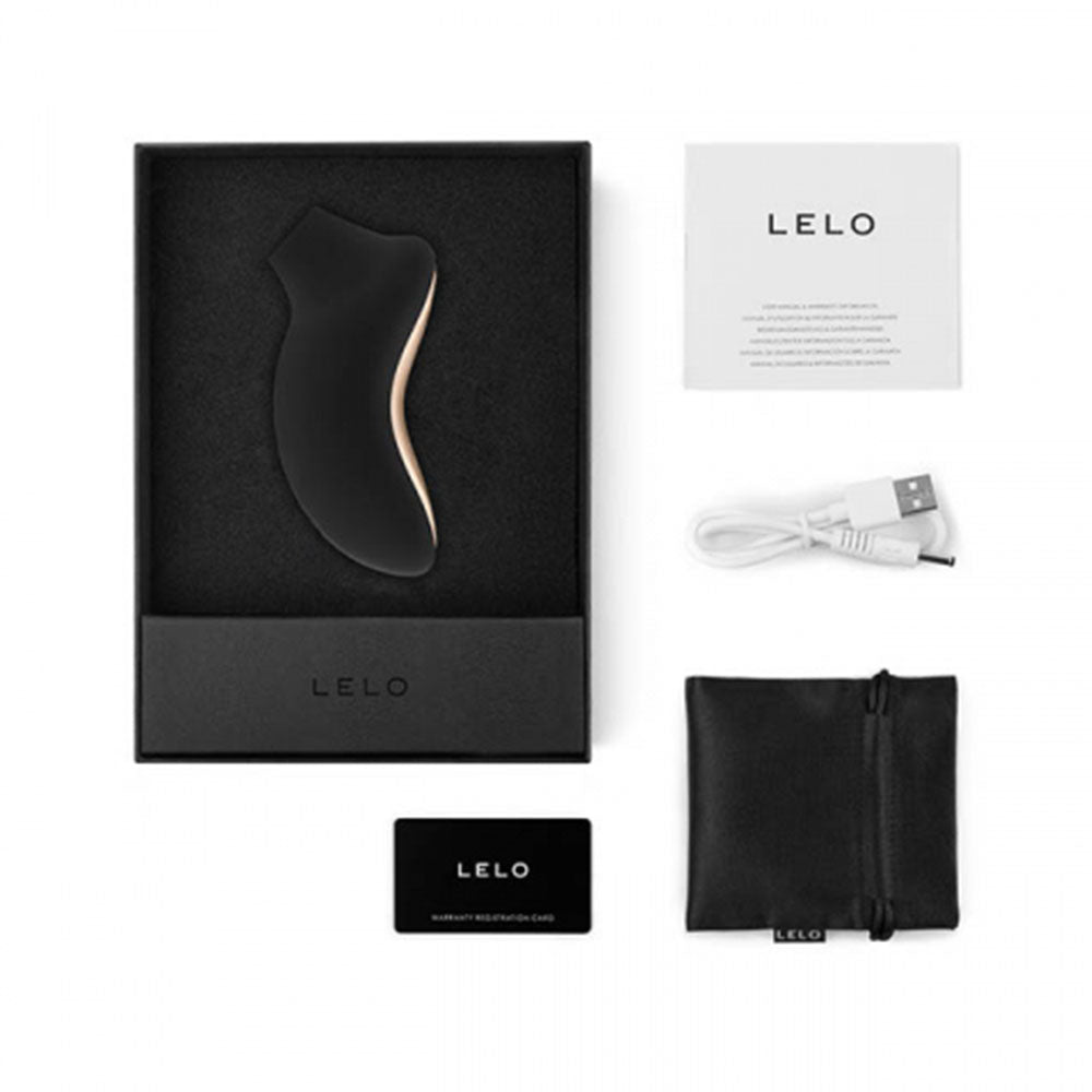 LELO product packaging with black device, USB cable, and pouch on a white background