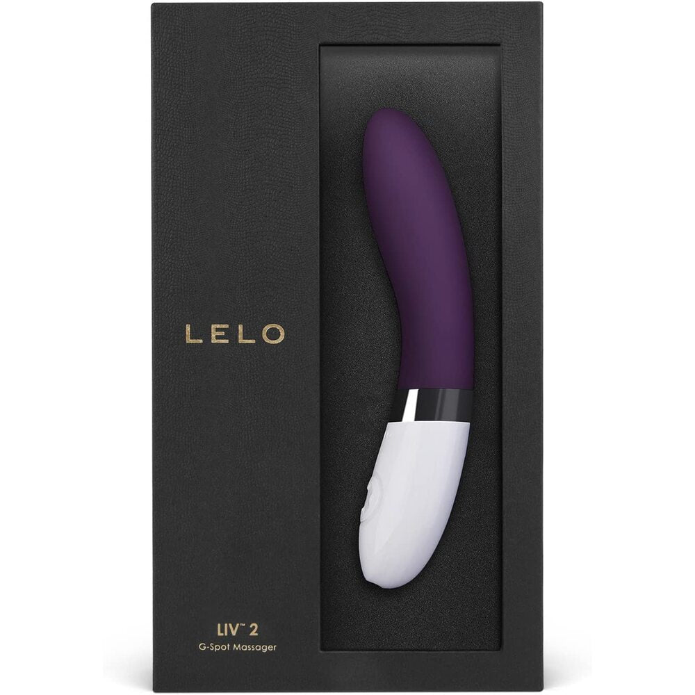 Purple and white G-Spot massager in a black box with 'LELO' branding.