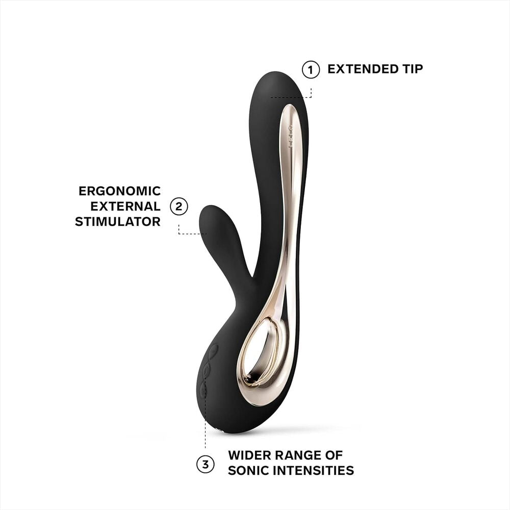 Ergonomic external stimulator with labeled features on a white background