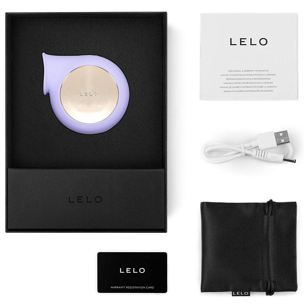 LELO product packaging with black box, card, USB cable, and black pouch on a white background