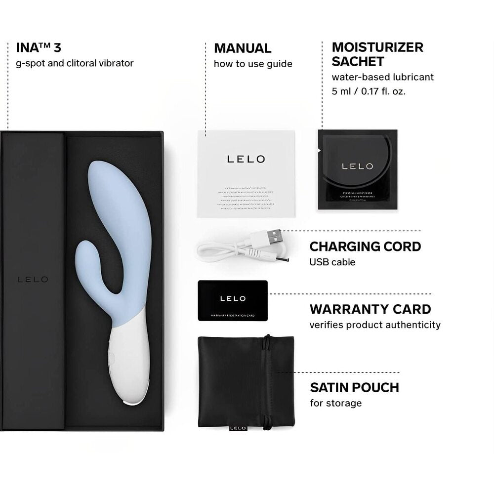 LELO product packaging with INA™ 3 g-spot and clitoral vibrator, manual, moisturizer sachet, charging cord, warranty card, and satin pouch.