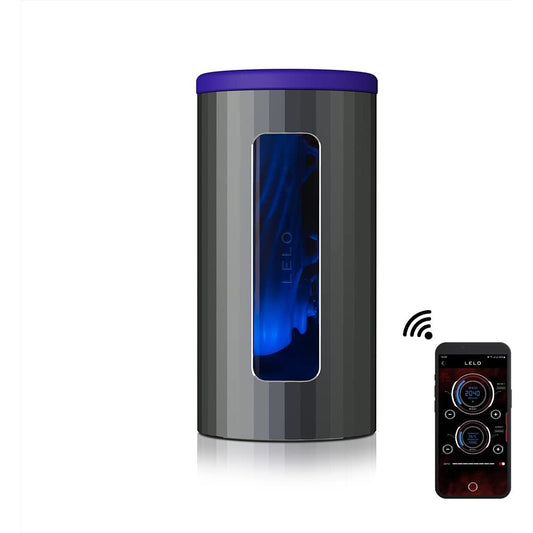 Black cylindrical device with blue top and remote control on a white background