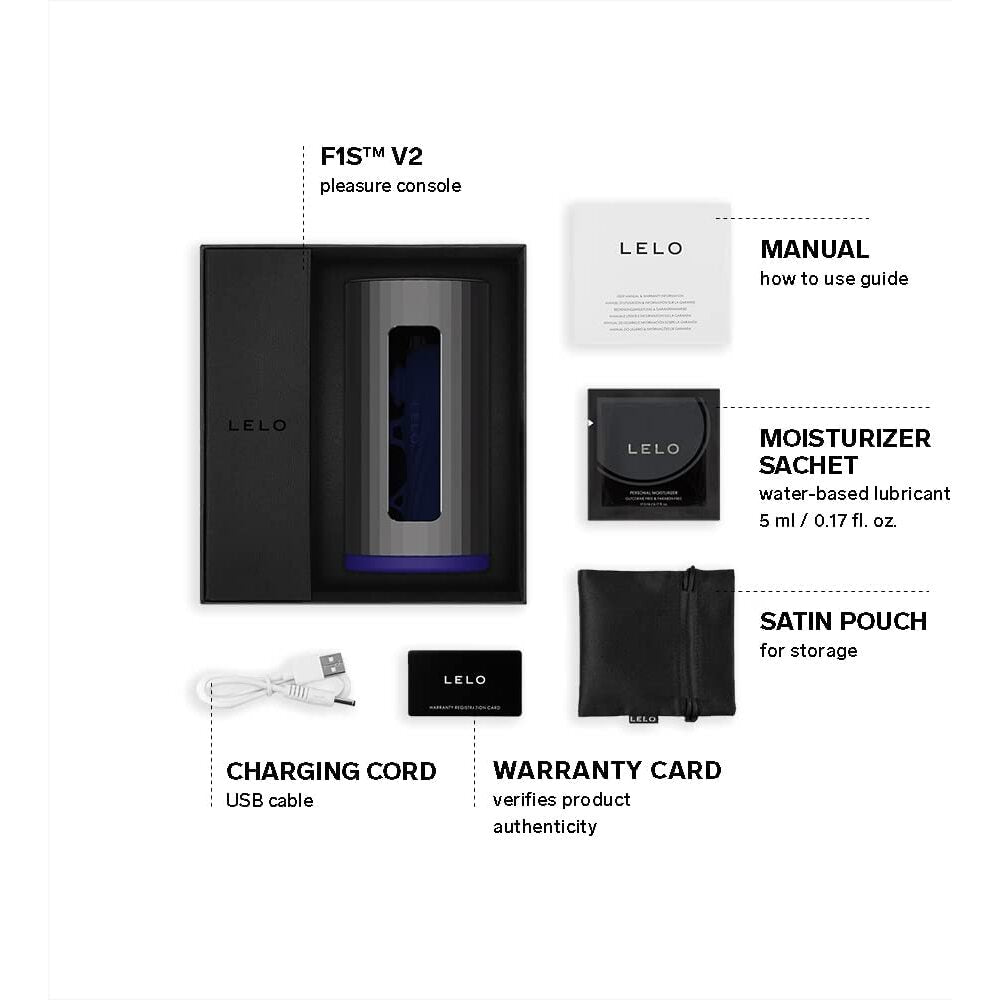 Product packaging with F1ST V2 pleasure console and accessories on a white background.
