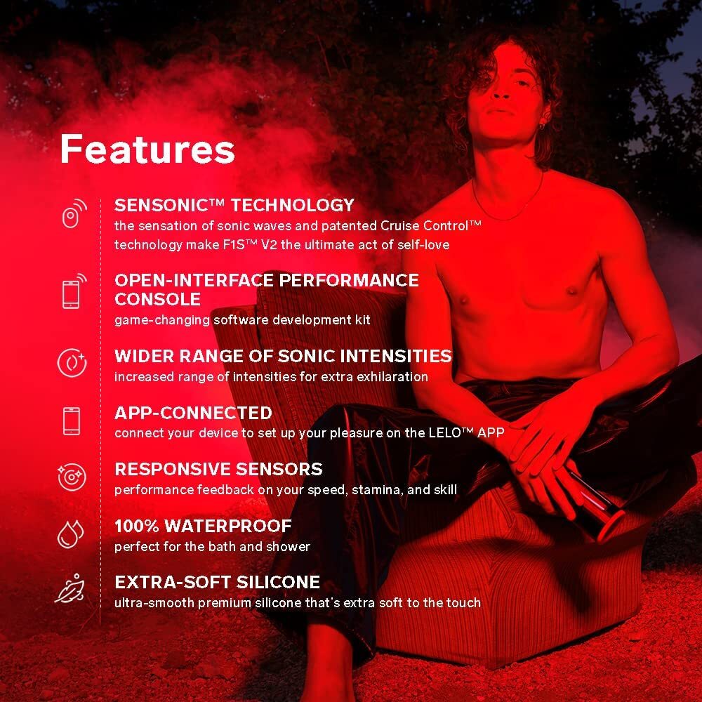 Person using a pleasure device with red lighting and feature list.