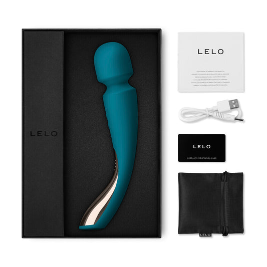 Blue electronic device in a black box with Lelo branding, including a USB cable and warranty card.