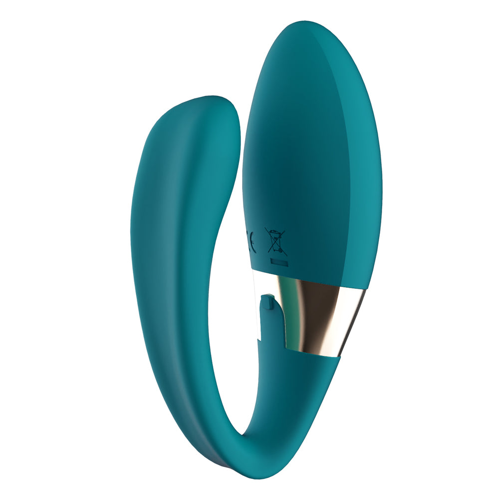 Teal earbud case on a white background