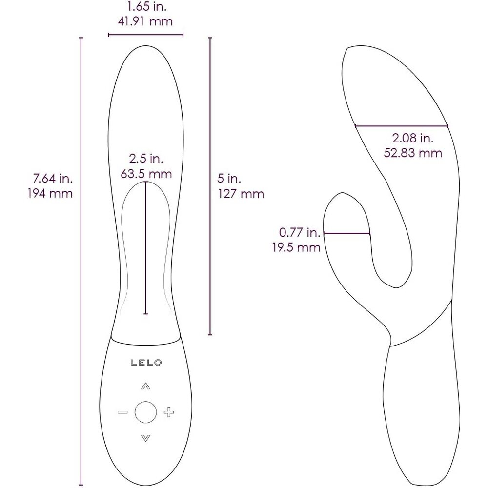 Measurement chart of a LELO product with dimensions labeled