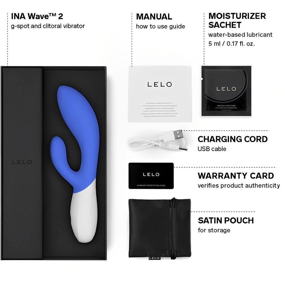 LELO INA Wave 2 product with packaging and accessories on a white background