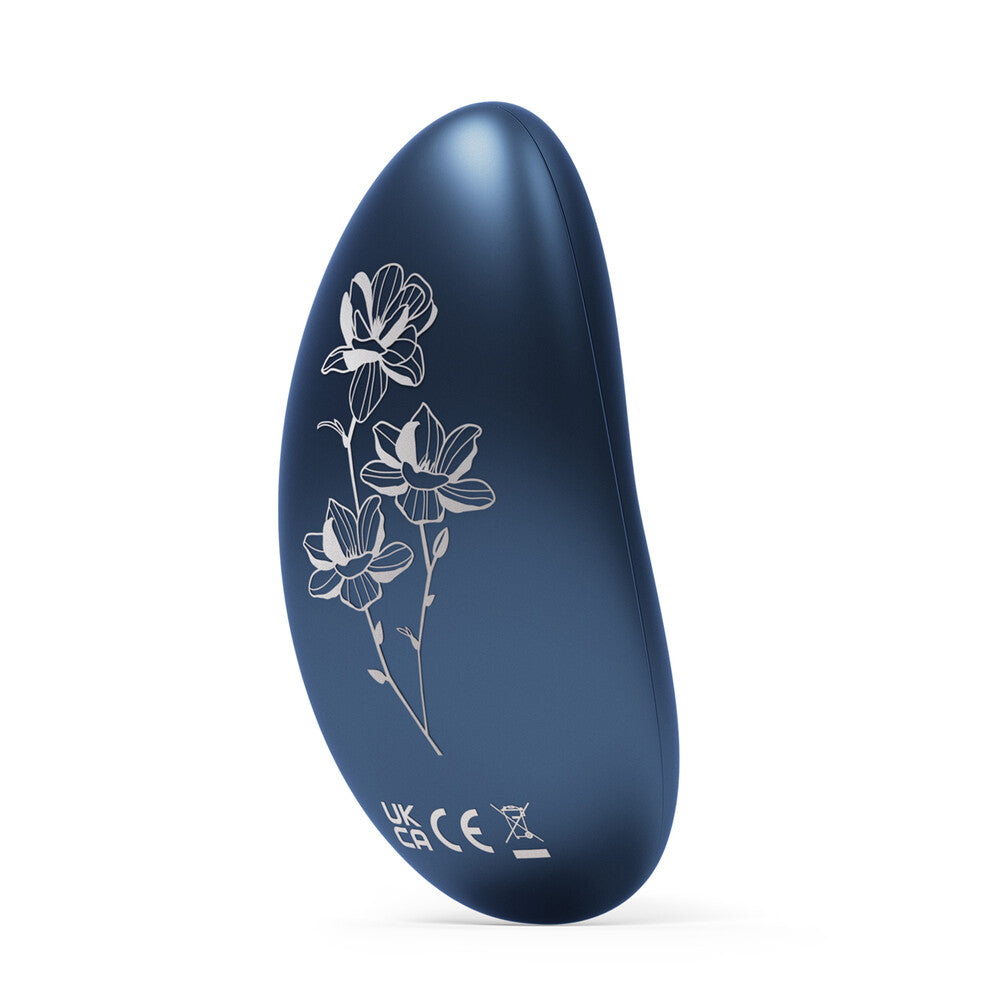 Blue electronic device with floral design on a white background