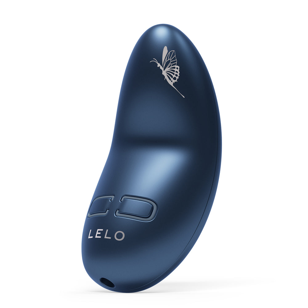 Blue LELO product with butterfly design on a white background