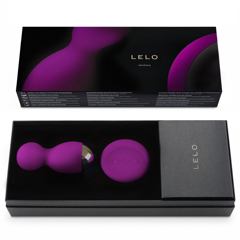 Purple sex toy set in black LELO packaging on a white background
