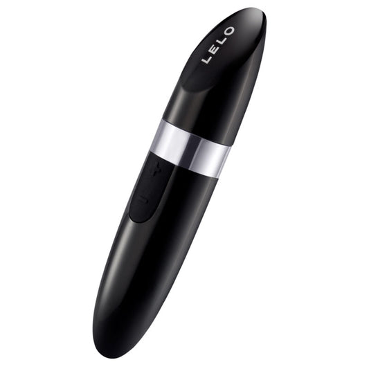 A sleek, black lipstick-style vibrator with a smooth surface, USB charging port, and ergonomic design.